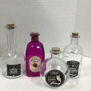 Set of 4 Halloween Decorative Glass Potion Bottles Set -Clear and Purple NWOT